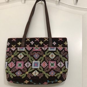 Beaded handbag with zip.brown with colourful beads and beautiful pattern